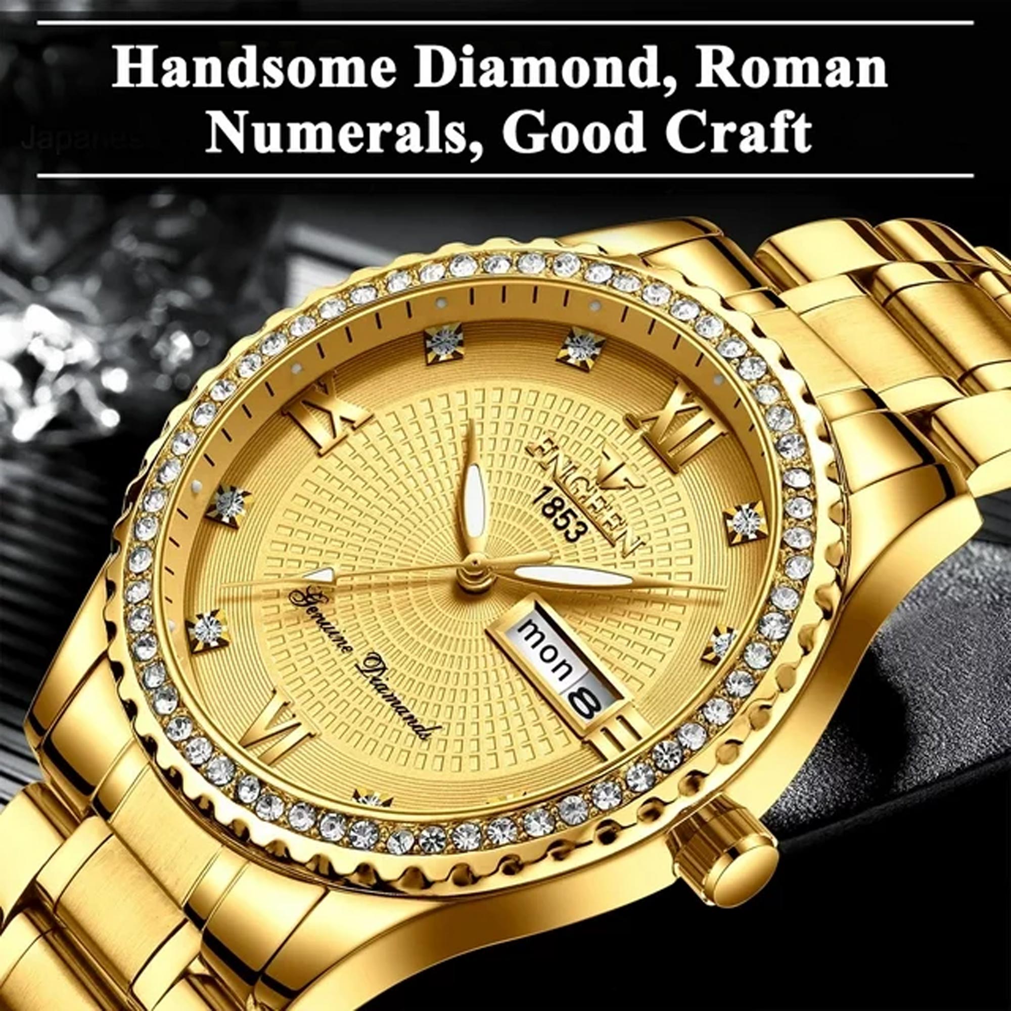EEEkit Classic Diamond Gold Watches for Men, Stainless Steel Waterproof Dress Watch, Men's Quartz Analog Wristwatch - Imagen 2