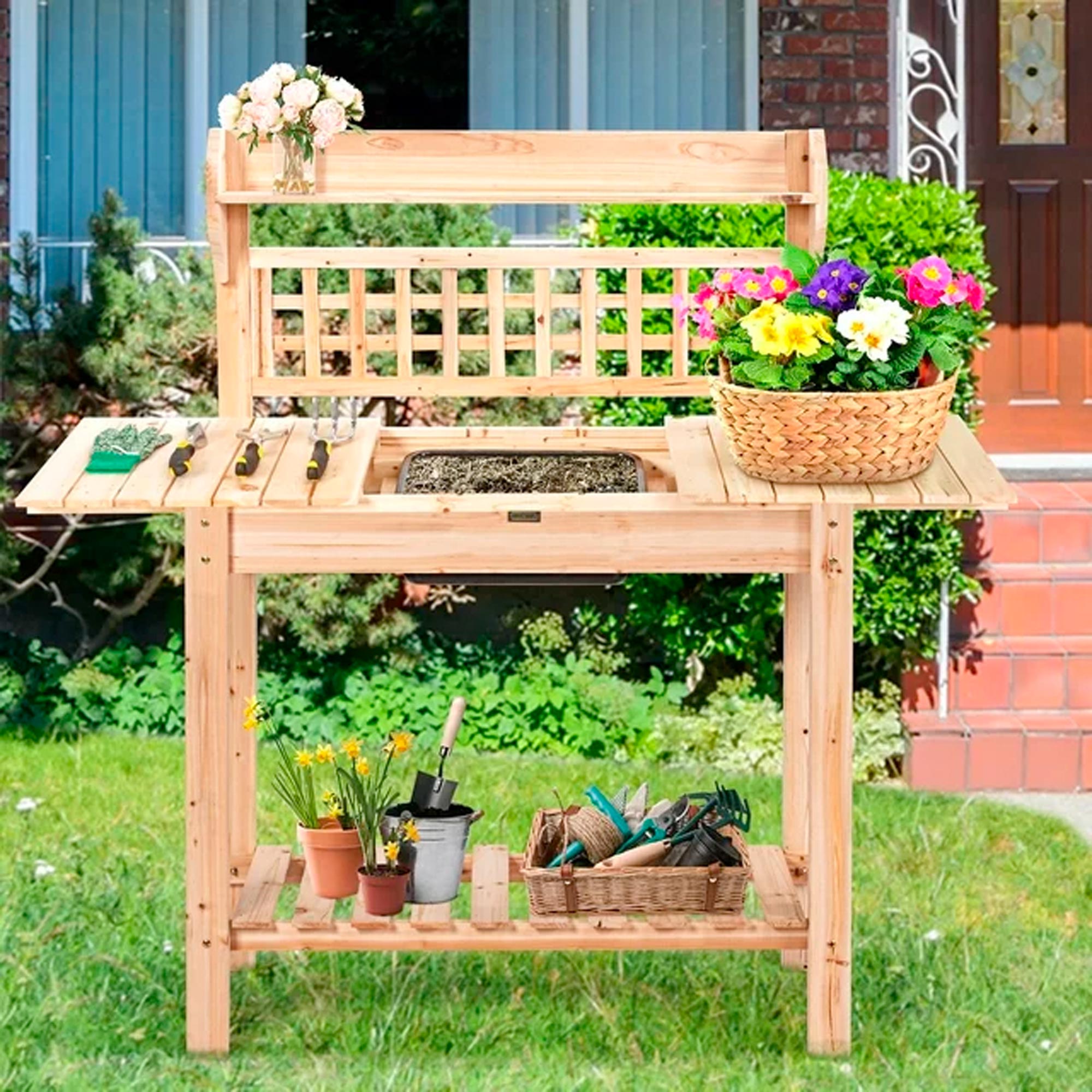 Costway Garden Potting Bench Workstation Table w_Sliding Tabletop Sink Shelves - Imagen 2
