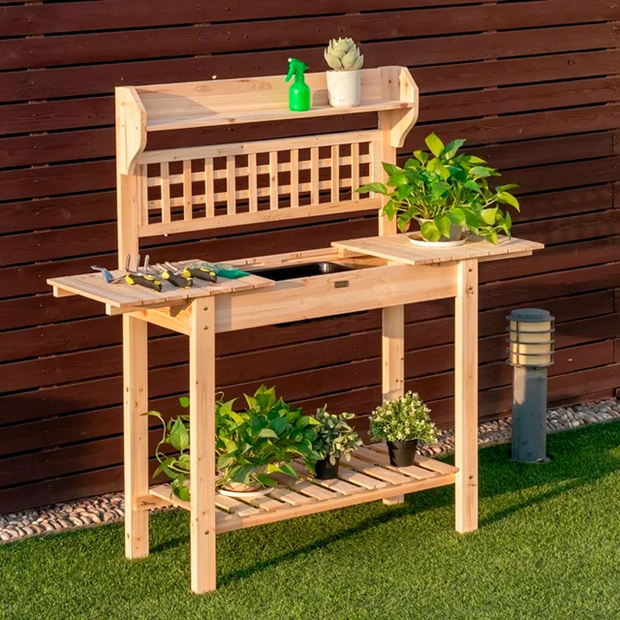 Costway Garden Potting Bench Workstation Table w_Sliding Tabletop Sink Shelves - Imagen 3